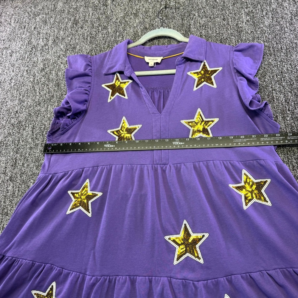 Umgee Mini Dress Womens 1XL Purple Gold Sequin Star Cotton V-Neck Ruffle Sleeve - Picture 9 of 16